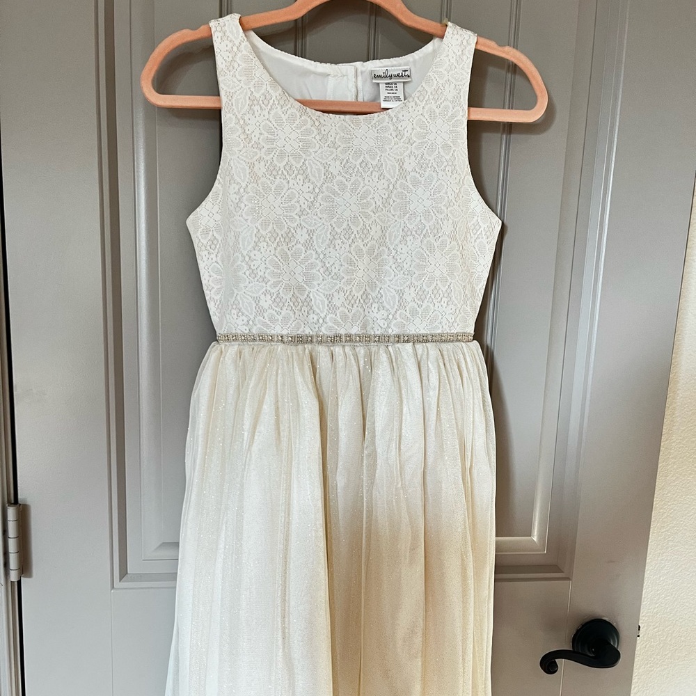 Formal, party dress, EmilyWest, girl’s dress, cream and gold, girl size 16